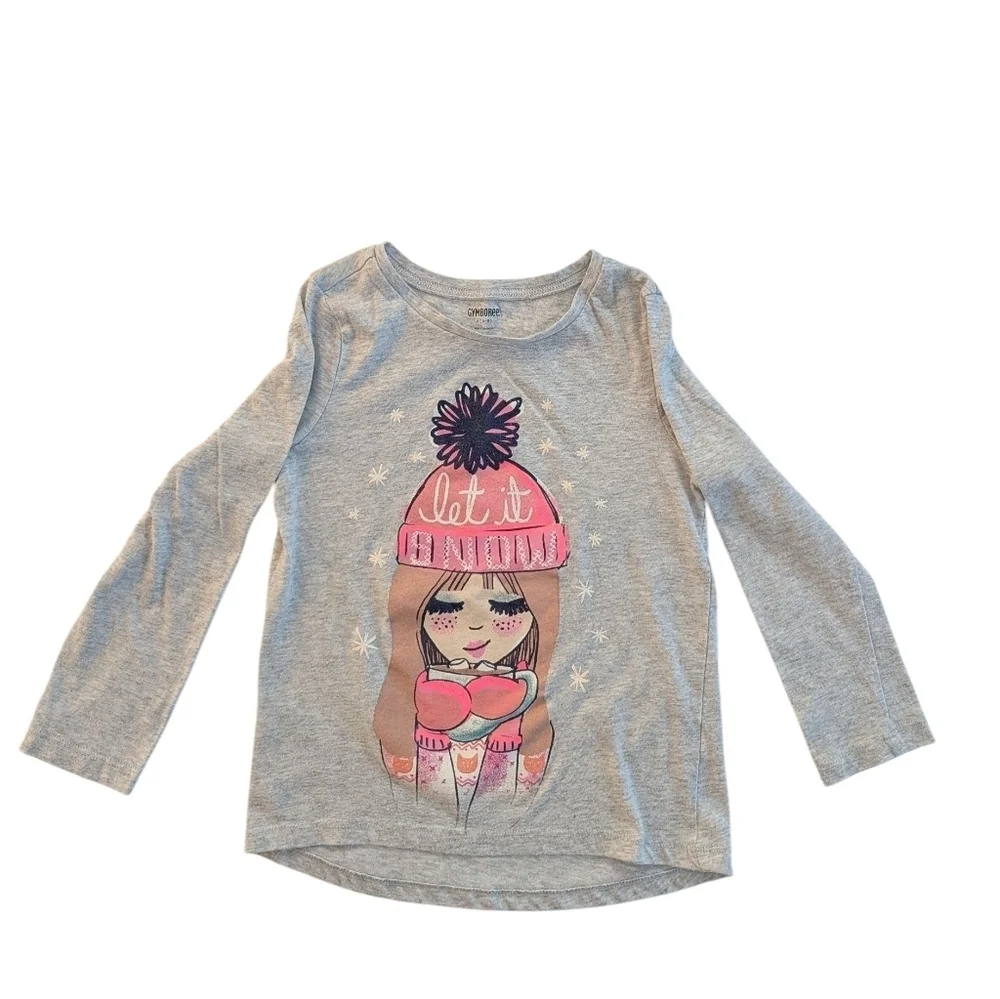 Gymboree Girls Gray Long Sleeve Tee with Pink Winter Graphic Cotton Size (5-6)